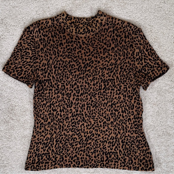 St. John Knit Leopard Animal Print Mock Neck Short Sleeve Top - Picture 6 of 17